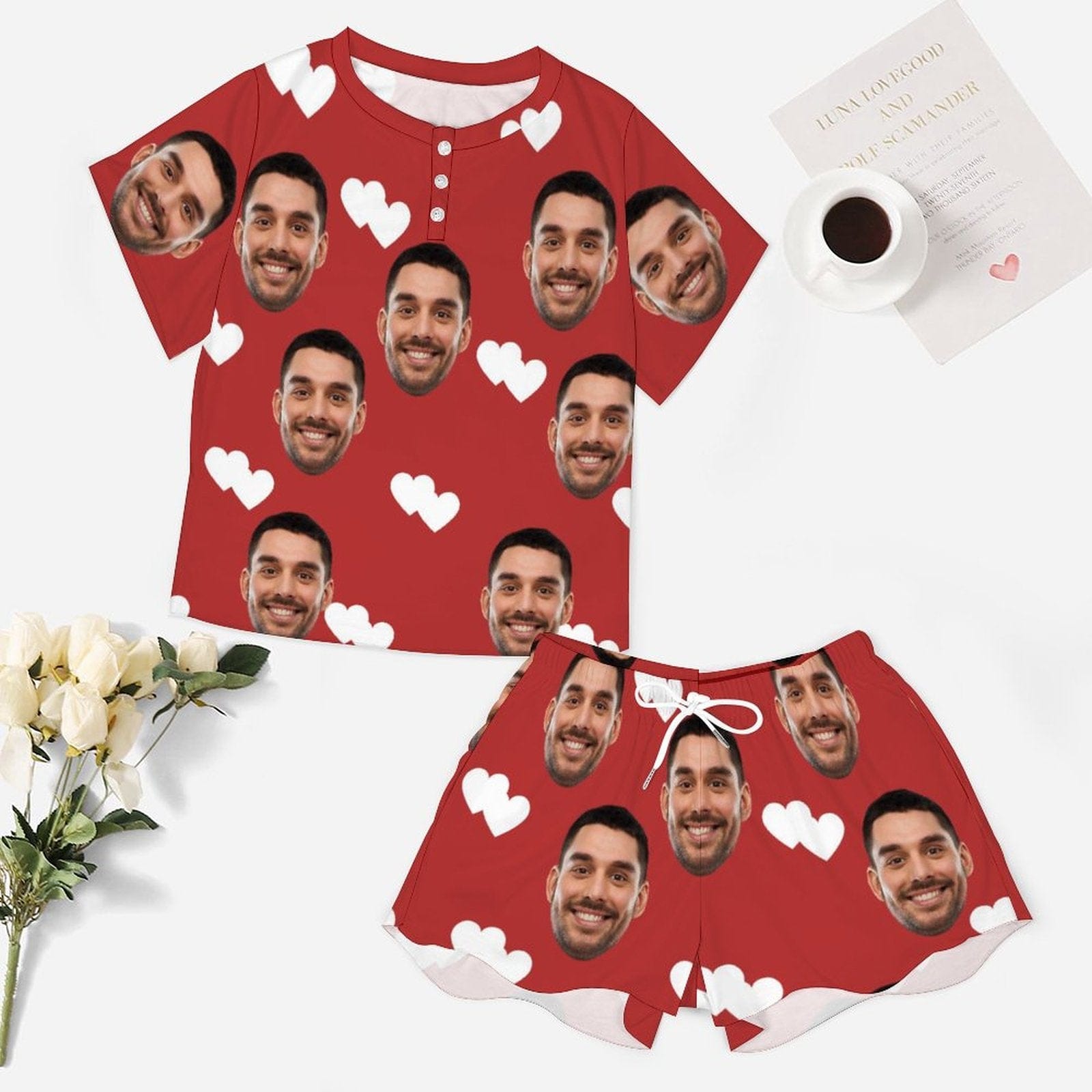 FacePajamas Pajama-2ML-SDS Custom Face Love Heart Pajama Set Women's Short Sleeve Top and Shorts Loungewear Athletic Tracksuits