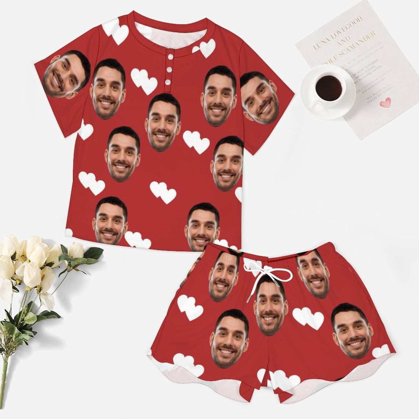 FacePajamas Pajama-2ML-SDS Custom Face Love Heart Pajama Set Women's Short Sleeve Top and Shorts Loungewear Athletic Tracksuits