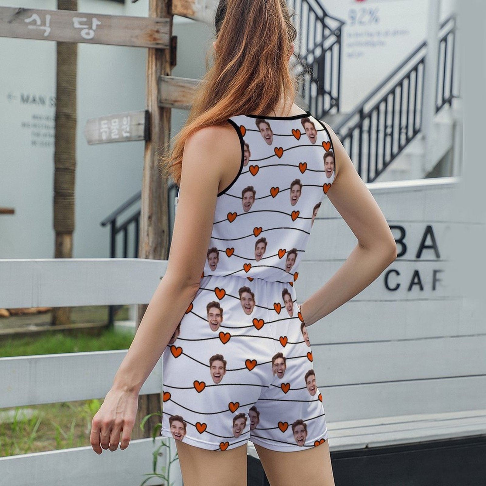 FacePajamas Pajama-2ML-SDS Custom Face Love Heart Women's Short Jumpsuit Loungewear