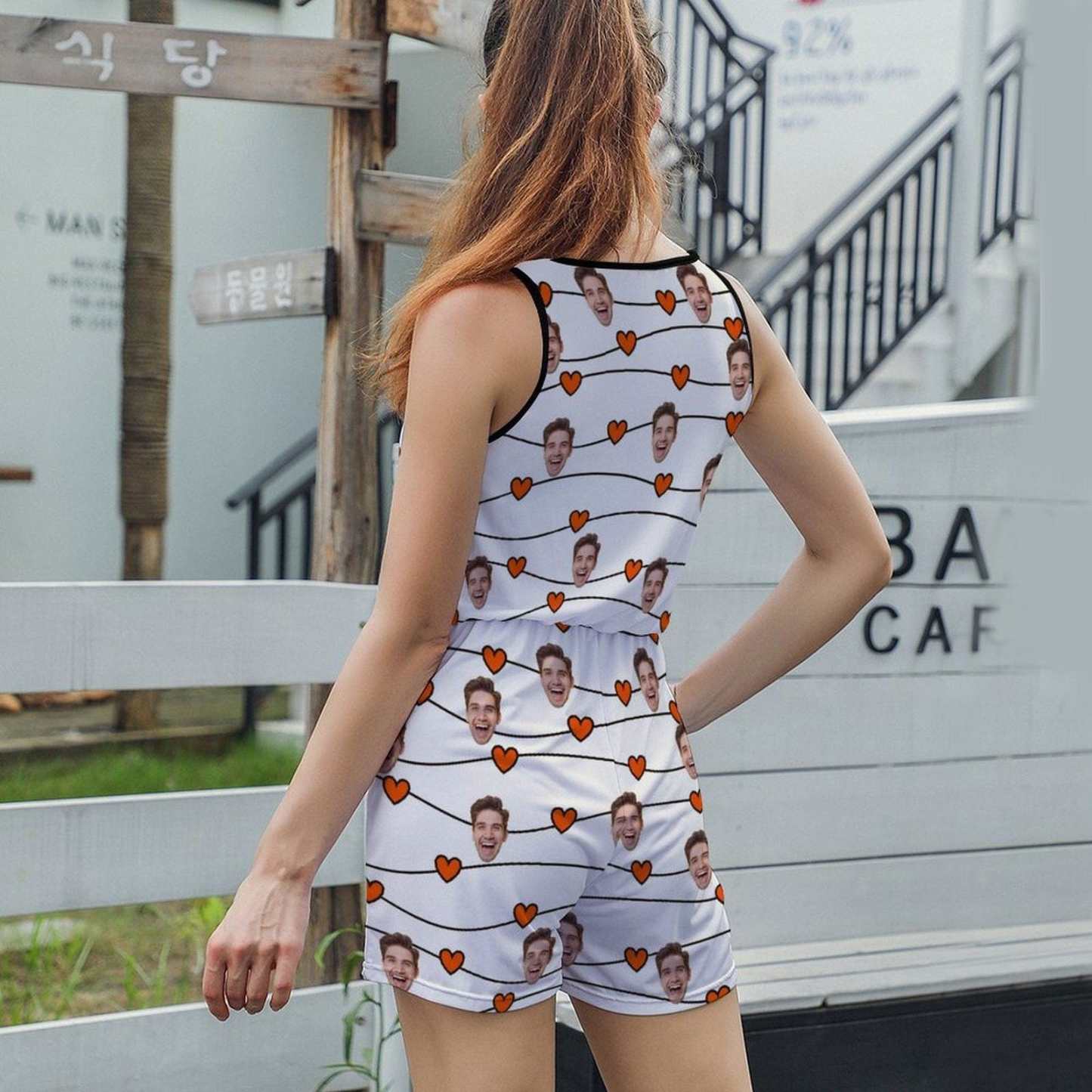 FacePajamas Pajama-2ML-SDS Custom Face Love Heart Women's Short Jumpsuit Loungewear
