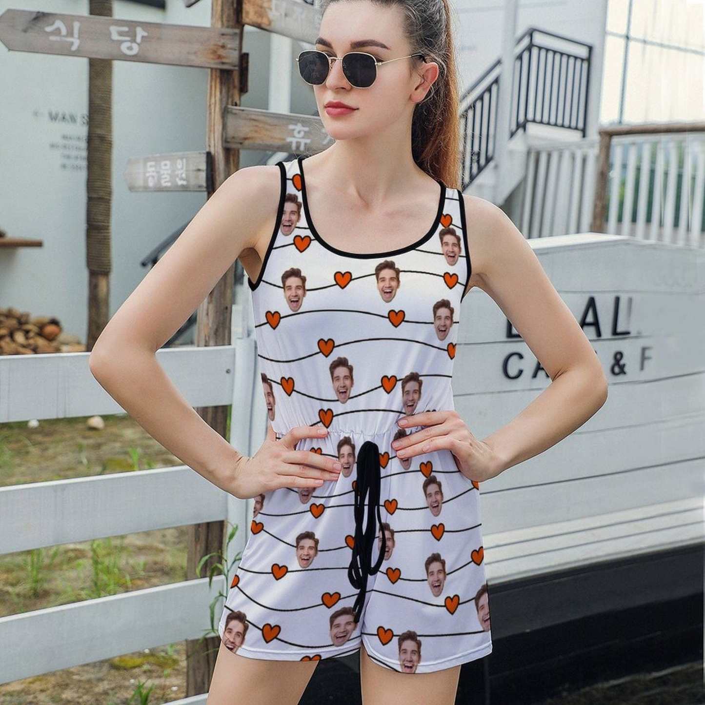 FacePajamas Pajama-2ML-SDS Custom Face Love Heart Women's Short Jumpsuit Loungewear
