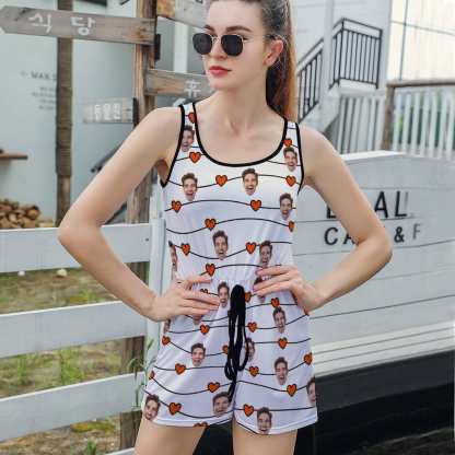FacePajamas Pajama-2ML-SDS Custom Face Love Heart Women's Short Jumpsuit Loungewear