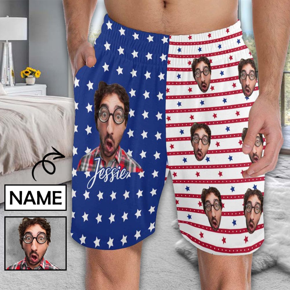 FacePajamas Pajama Shorts Custom Face Men's Pajama Shorts Personalized American Flag Sleepwear Shorts
