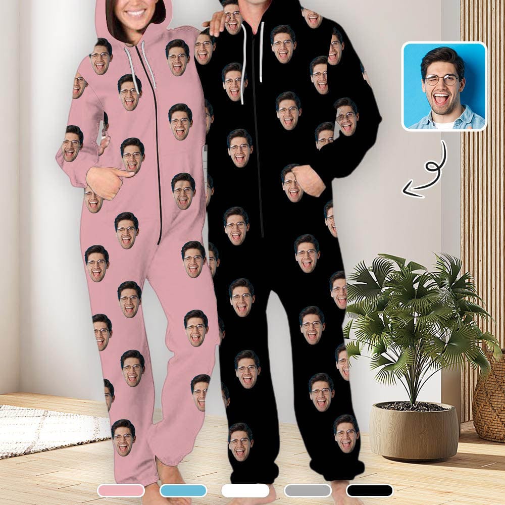 FacePajamas Hooded Onesie-2ML-ZD Custom Face Multicolor Unisex Adult Hooded Onesie Jumpsuits with Pocket Personalized Zip One-piece Pajamas for Men and Women