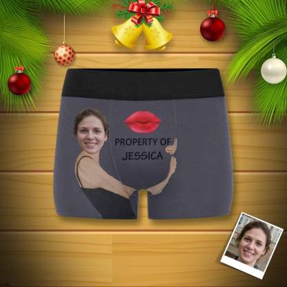 FacePajamas Men Underwear Custom Face&Name Boxer Underwear Red Lip Property Of Personalized Men's All-Over Print Boxer Briefs For Valentine's Day Gift