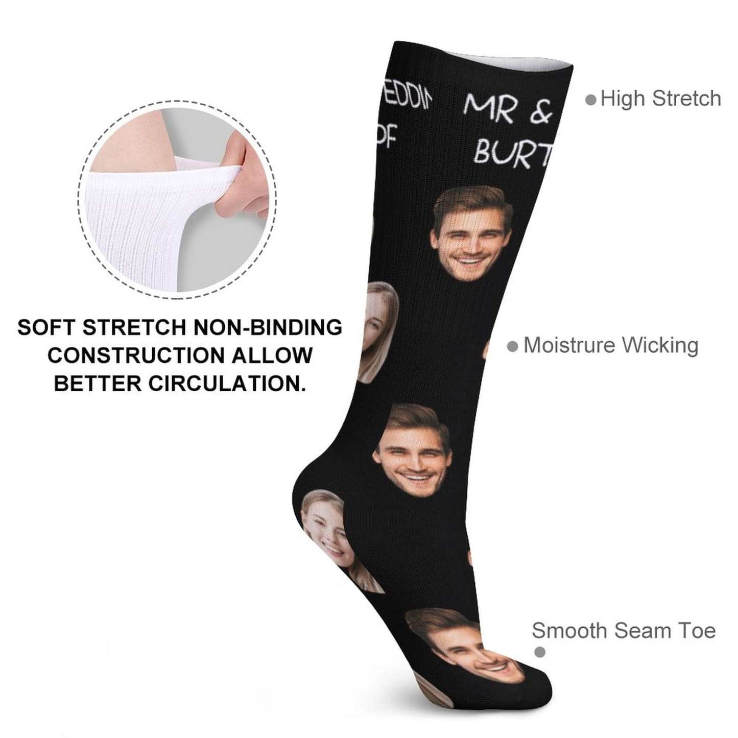 FacePajamas Sublimated Crew Socks-2WH-SDS Custom Face&Name Couple Sublimated Crew Socks Black Background Socks Personalized Funny Photo Socks Gift