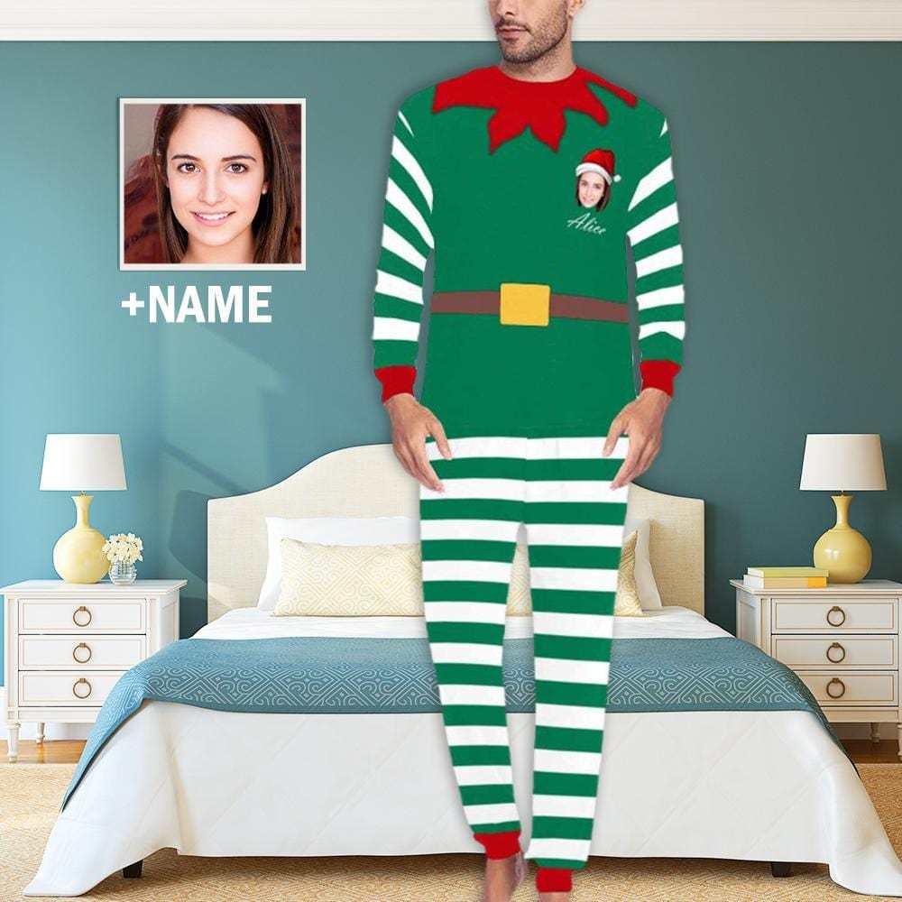 FacePajamas Pajama Custom Face & Name Green White Stripes Christmas Sleepwear Personalized Men's Slumber Party All Over Print Pajama Set