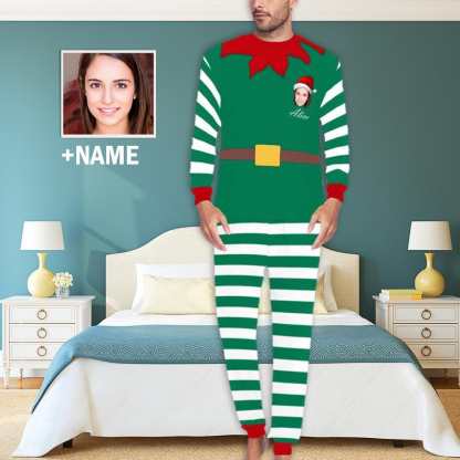 FacePajamas Pajama Custom Face & Name Green White Stripes Christmas Sleepwear Personalized Men's Slumber Party All Over Print Pajama Set