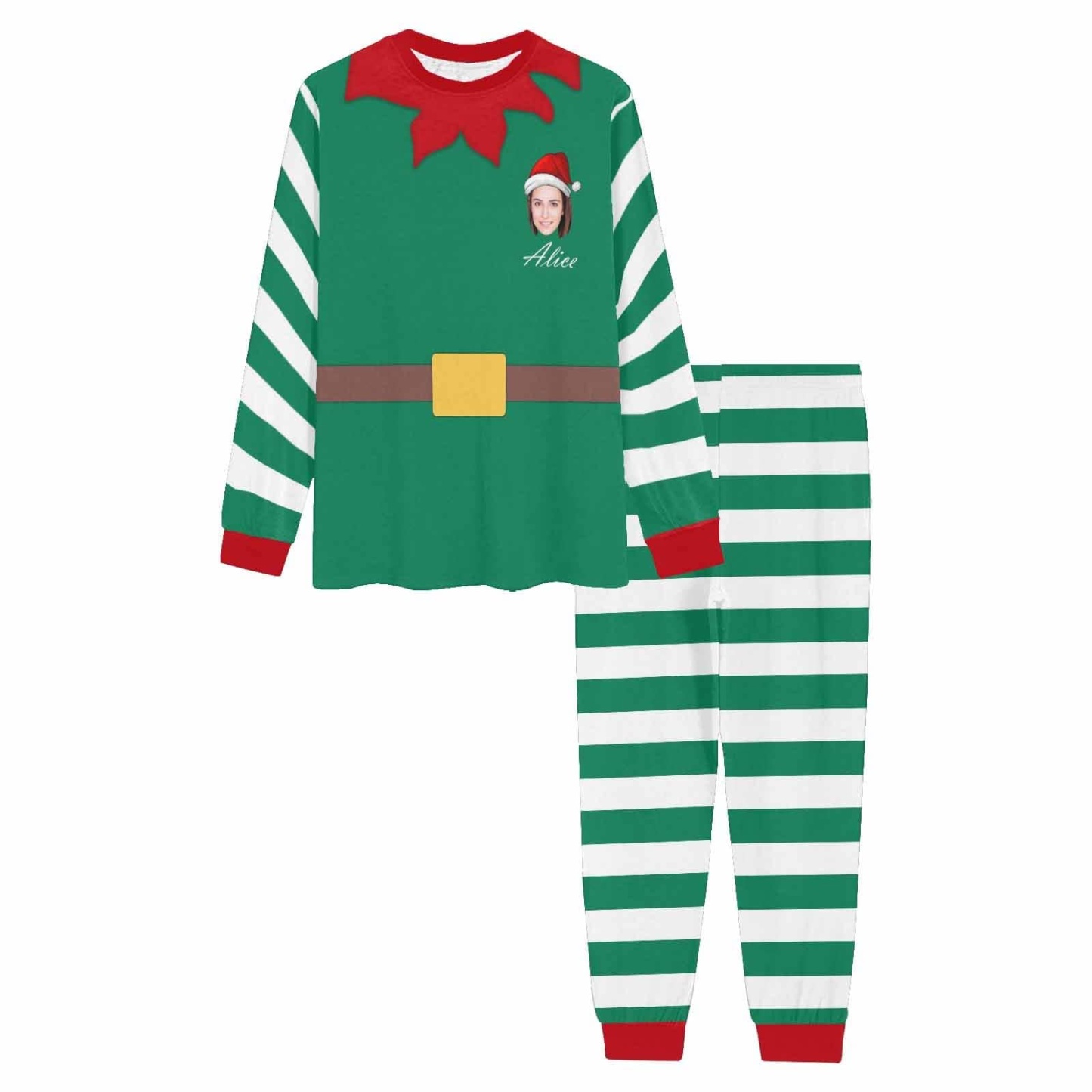 FacePajamas Pajama Custom Face & Name Green White Stripes Christmas Sleepwear Personalized Men's Slumber Party All Over Print Pajama Set