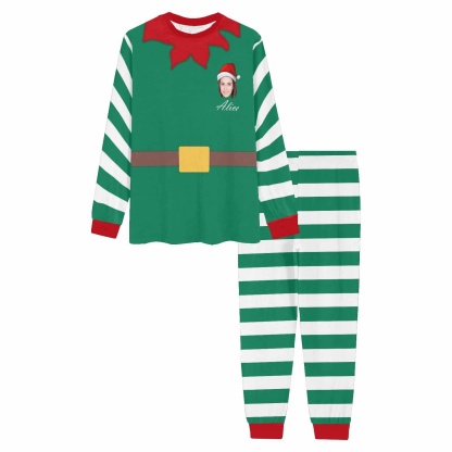 FacePajamas Pajama Custom Face & Name Green White Stripes Christmas Sleepwear Personalized Men's Slumber Party All Over Print Pajama Set