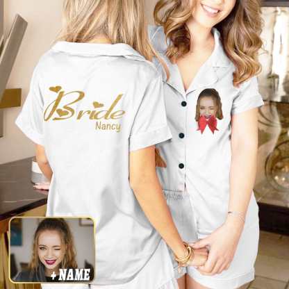 FacePajamas Pajama Custom Face&Name Sleepwear Pajamas Personalized Bride Women's V-Neck Short Pajama Set Wedding Party bridesmaids Pjs Set