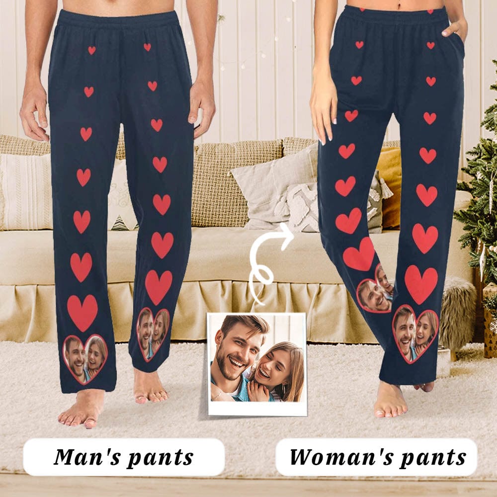 FacePajamas Pajama Pants Custom Face Pajama Pants Red Heart Couple Photo Sleepwear for Men & Women