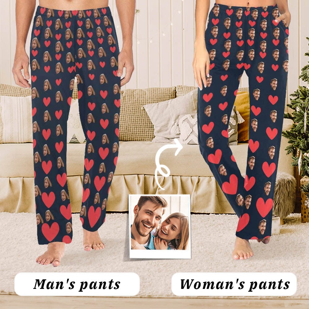 FacePajamas Pajama Pants Custom Face Pajama Pants Red Heart with Lover's Face Sleepwear for Men & Women
