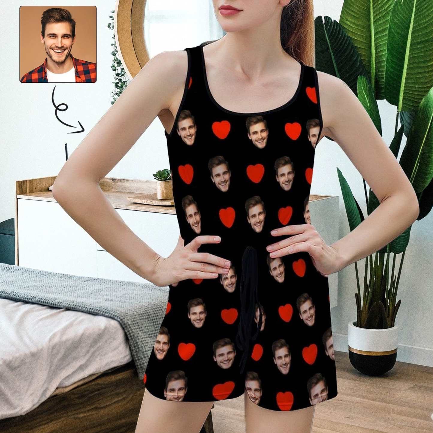 FacePajamas Pajama-2ML-SDS Custom Face Pajama Red Love Women's Short Jumpsuit Loungewear
