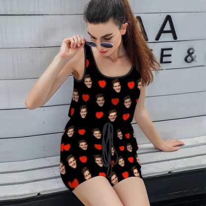 FacePajamas Pajama-2ML-SDS Custom Face Pajama Red Love Women's Short Jumpsuit Loungewear
