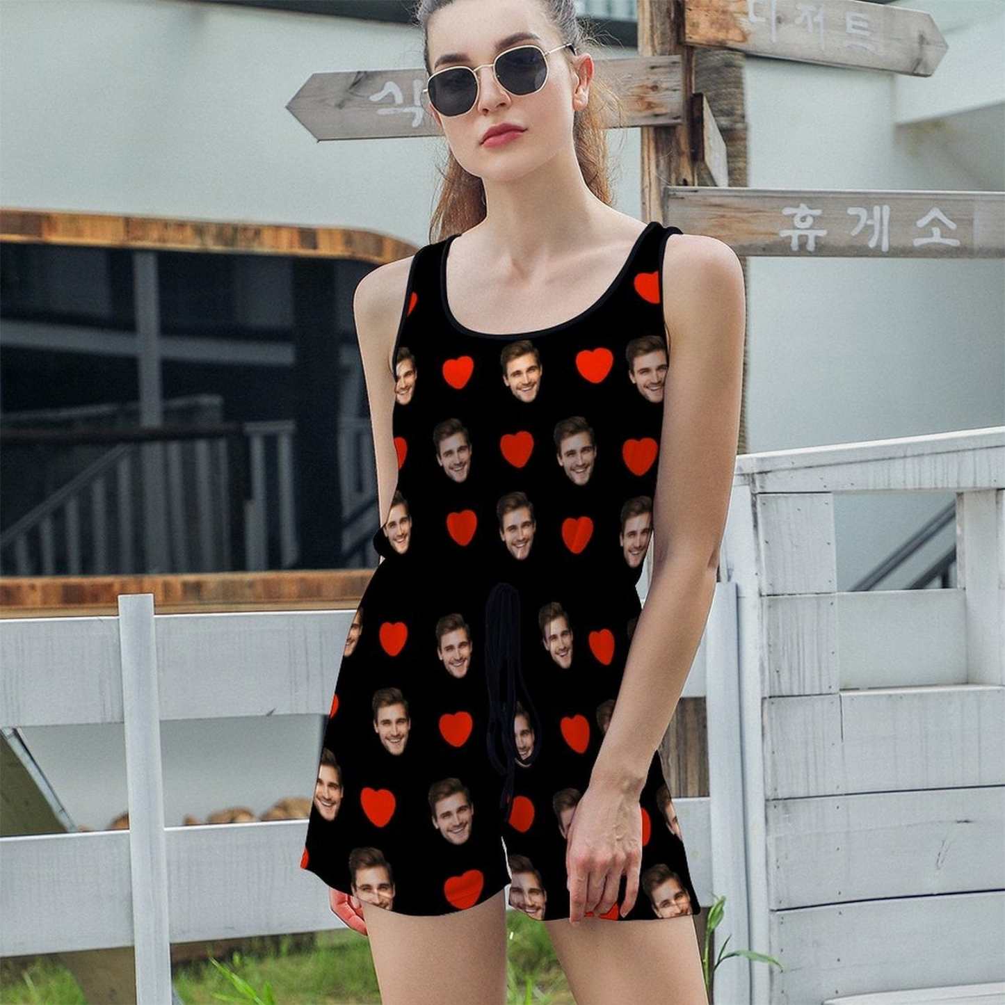FacePajamas Pajama-2ML-SDS Custom Face Pajama Red Love Women's Short Jumpsuit Loungewear