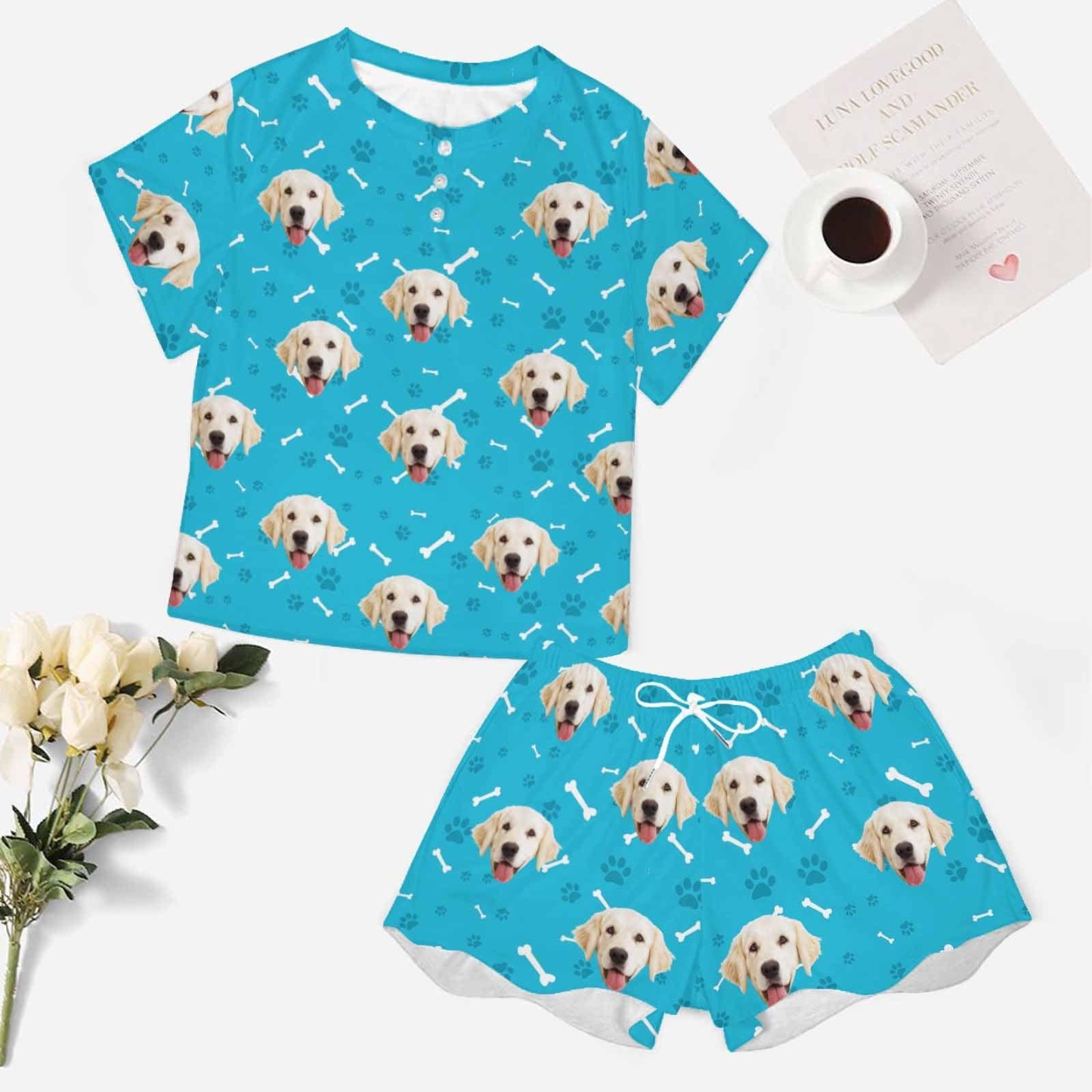 FacePajamas Womens Short Crew Neck-SDS Custom Face Pajama Set Dog Smiley Face Women's Short Sleeve Loungewear