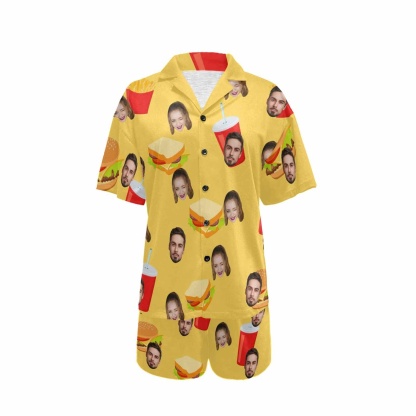 FacePajamas Custom Face Pajama Set Hamburger&Sandwich Loungewear Personalized Photo Sleepwear Women's V-Neck Short Pajama Set