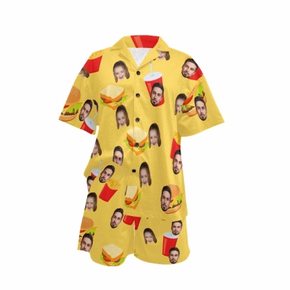 FacePajamas Custom Face Pajama Set Hamburger&Sandwich Loungewear Personalized Photo Sleepwear Women's V-Neck Short Pajama Set