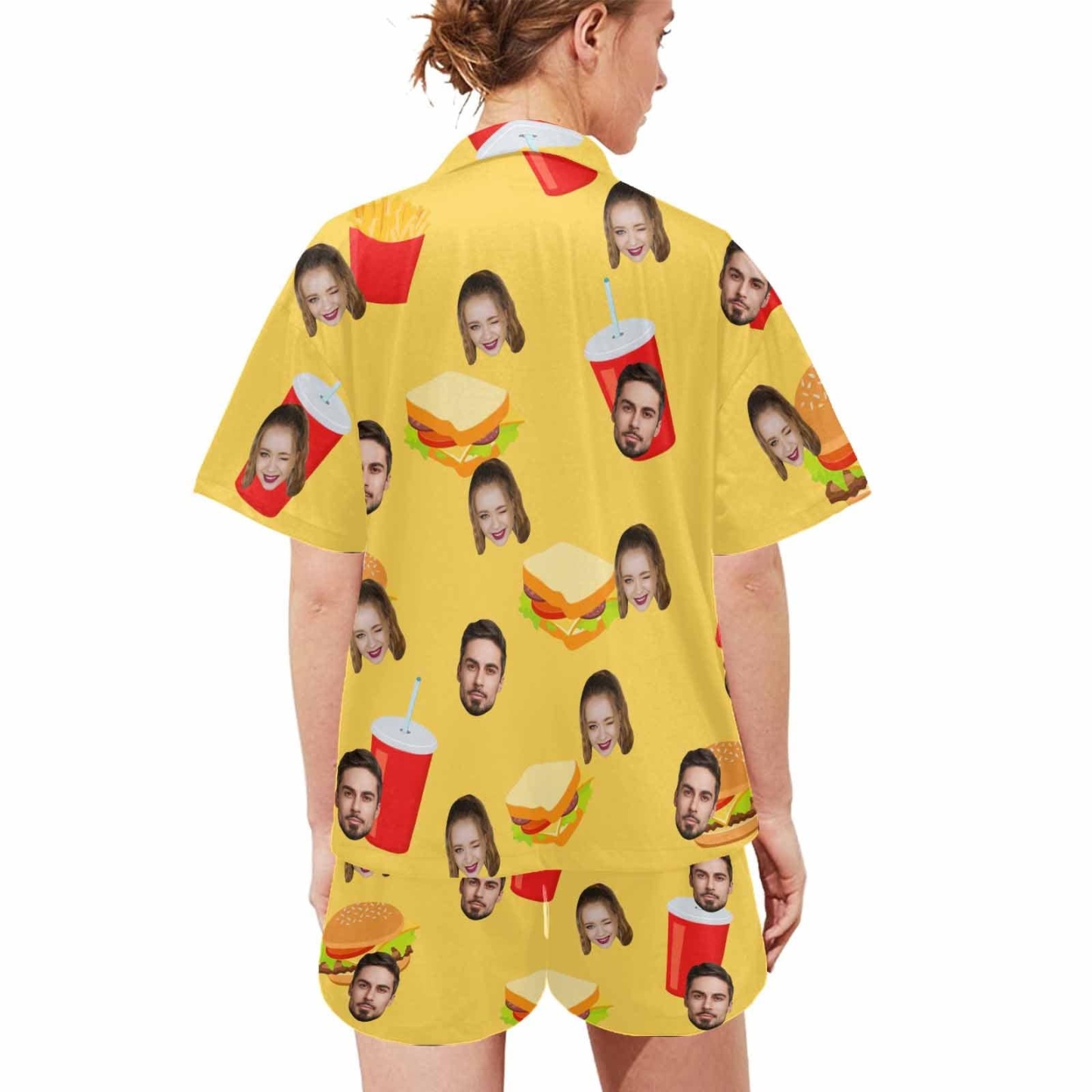 FacePajamas Custom Face Pajama Set Hamburger&Sandwich Loungewear Personalized Photo Sleepwear Women's V-Neck Short Pajama Set