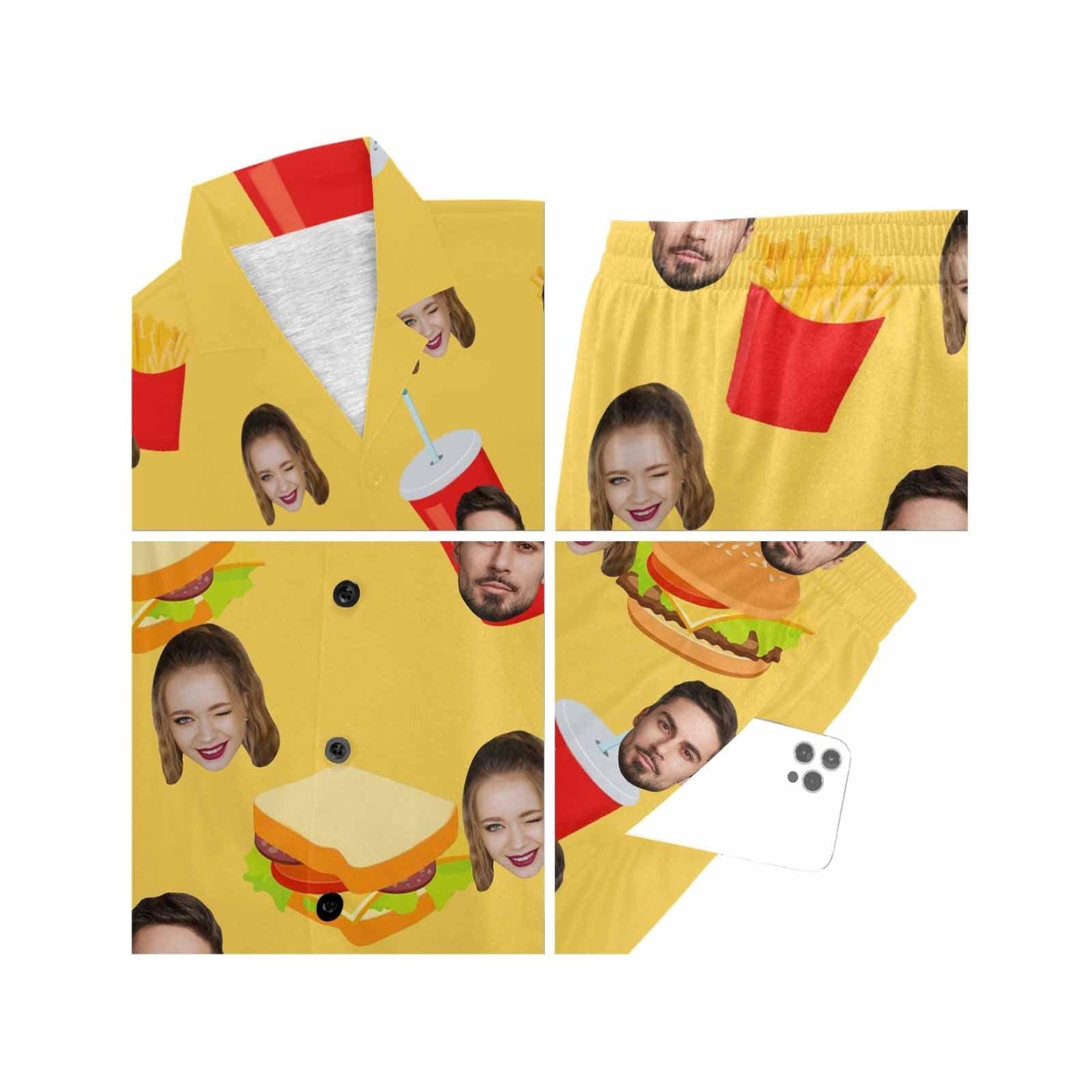 FacePajamas Custom Face Pajama Set Hamburger&Sandwich Loungewear Personalized Photo Sleepwear Women's V-Neck Short Pajama Set