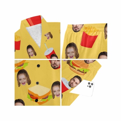 FacePajamas Custom Face Pajama Set Hamburger&Sandwich Loungewear Personalized Photo Sleepwear Women's V-Neck Short Pajama Set