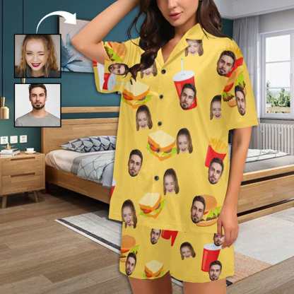FacePajamas Custom Face Pajama Set Hamburger&Sandwich Loungewear Personalized Photo Sleepwear Women's V-Neck Short Pajama Set