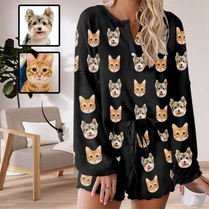 FacePajamas Womens Short Crew Neck-SDS Custom Face Pajama Set with Pet Face Cat Dog Women's Short Sleeve Loungewear