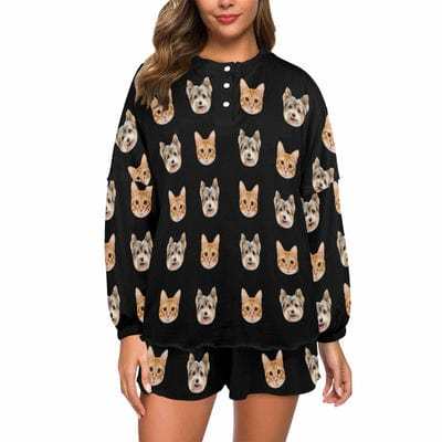 FacePajamas Womens Short Crew Neck-SDS Custom Face Pajama Set with Pet Face Cat Dog Women's Short Sleeve Loungewear
