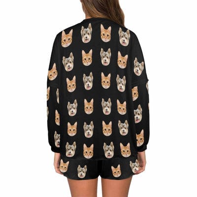 FacePajamas Womens Short Crew Neck-SDS Custom Face Pajama Set with Pet Face Cat Dog Women's Short Sleeve Loungewear