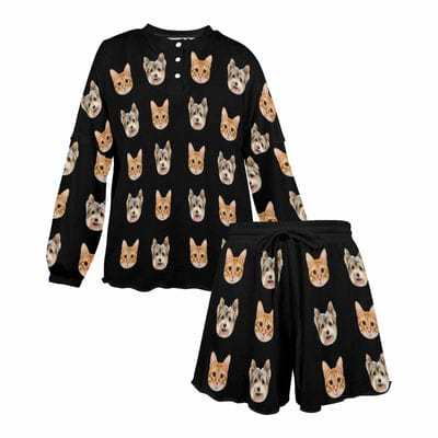 FacePajamas Womens Short Crew Neck-SDS Custom Face Pajama Set with Pet Face Cat Dog Women's Short Sleeve Loungewear