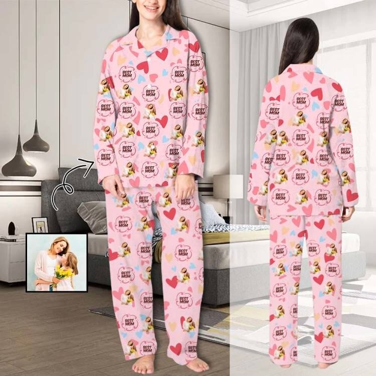 FacePajamas 387520921847 Custom Face Pajama Sets Colorful Hearts And Flowers Best Mom Women's Nightwear for Mother's Day & Birthday Gift