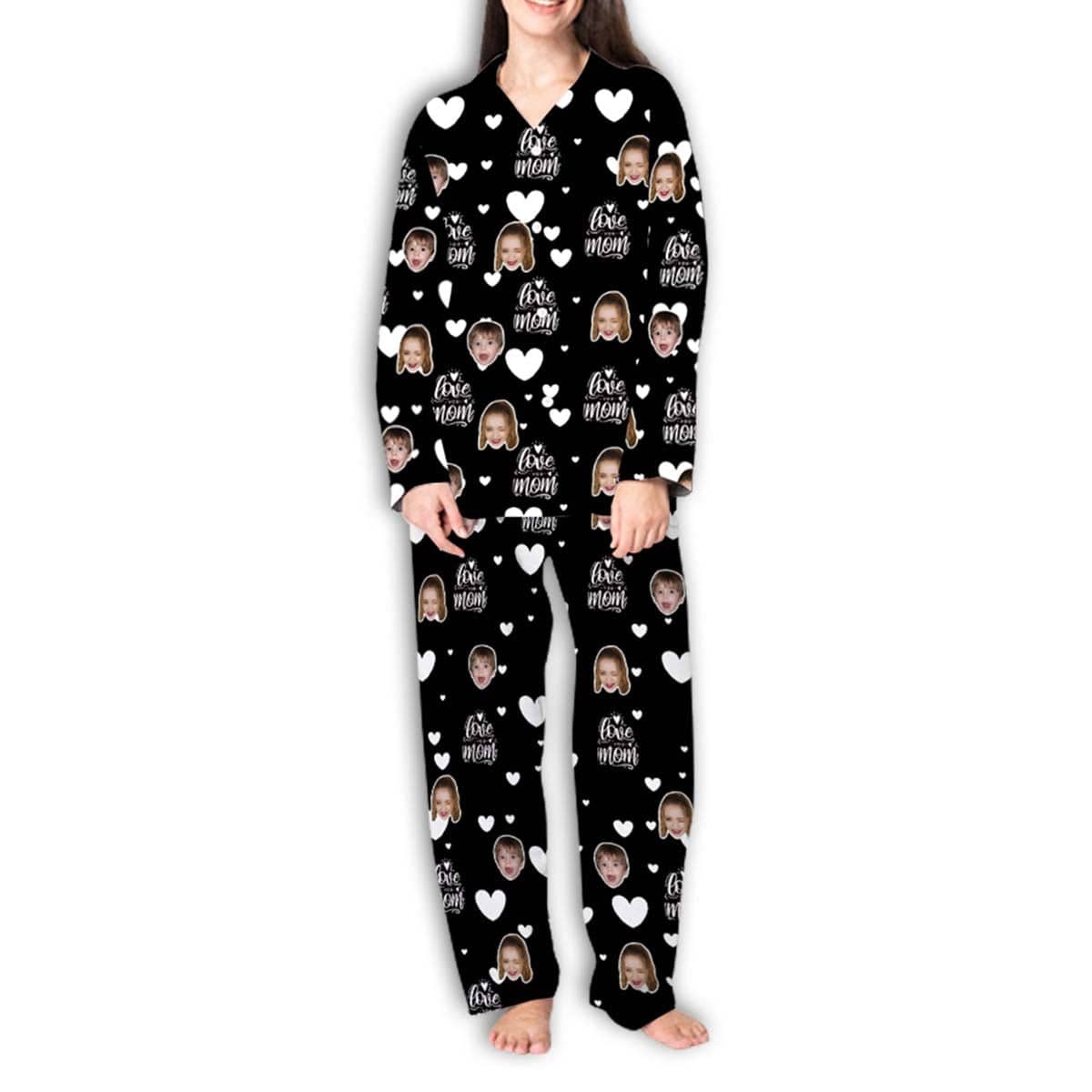 FacePajamas 387520921847 Custom Face Pajama Sets White Hearts Love Mom Women's Nightwear for Mother's Day & Birthday Gift