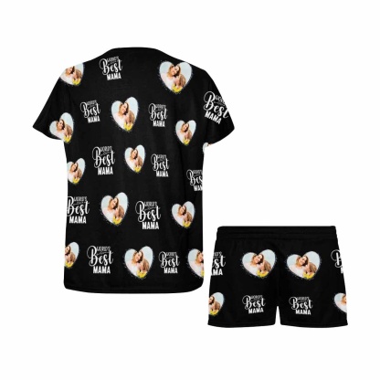FacePajamas 387520921847 Custom Face Pajamas Best Mama Black Loungewear Personalized Women's Short Pajama Set for Mother's Day & Birthday Gift