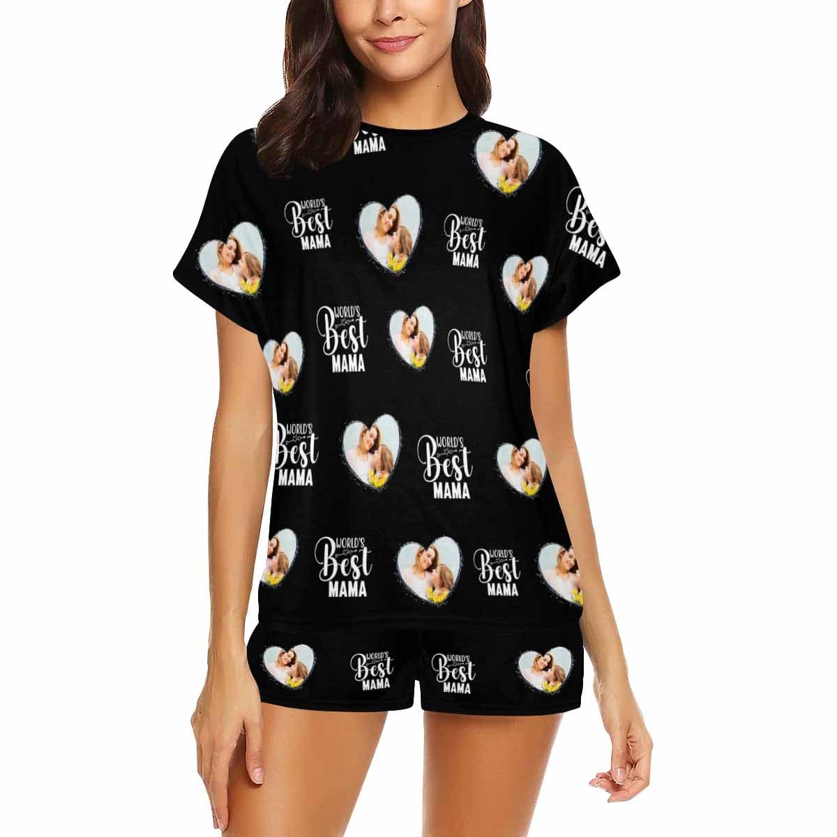 FacePajamas 387520921847 Custom Face Pajamas Best Mama Black Loungewear Personalized Women's Short Pajama Set for Mother's Day & Birthday Gift