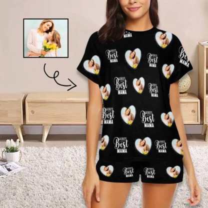 FacePajamas 387520921847 Custom Face Pajamas Best Mama Black Loungewear Personalized Women's Short Pajama Set for Mother's Day & Birthday Gift