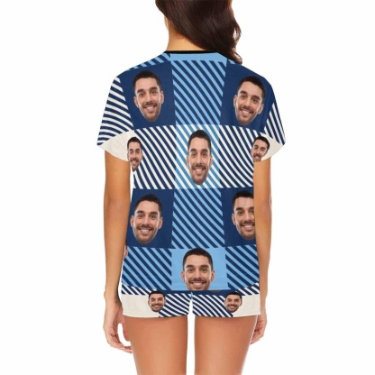 FacePajamas Pajama Custom Face Pajamas Blue Stripe Grid Loungewear Personalized Women's Short Pajama Set