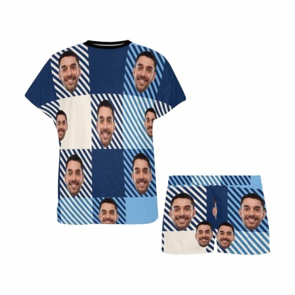 FacePajamas Pajama Custom Face Pajamas Blue Stripe Grid Loungewear Personalized Women's Short Pajama Set