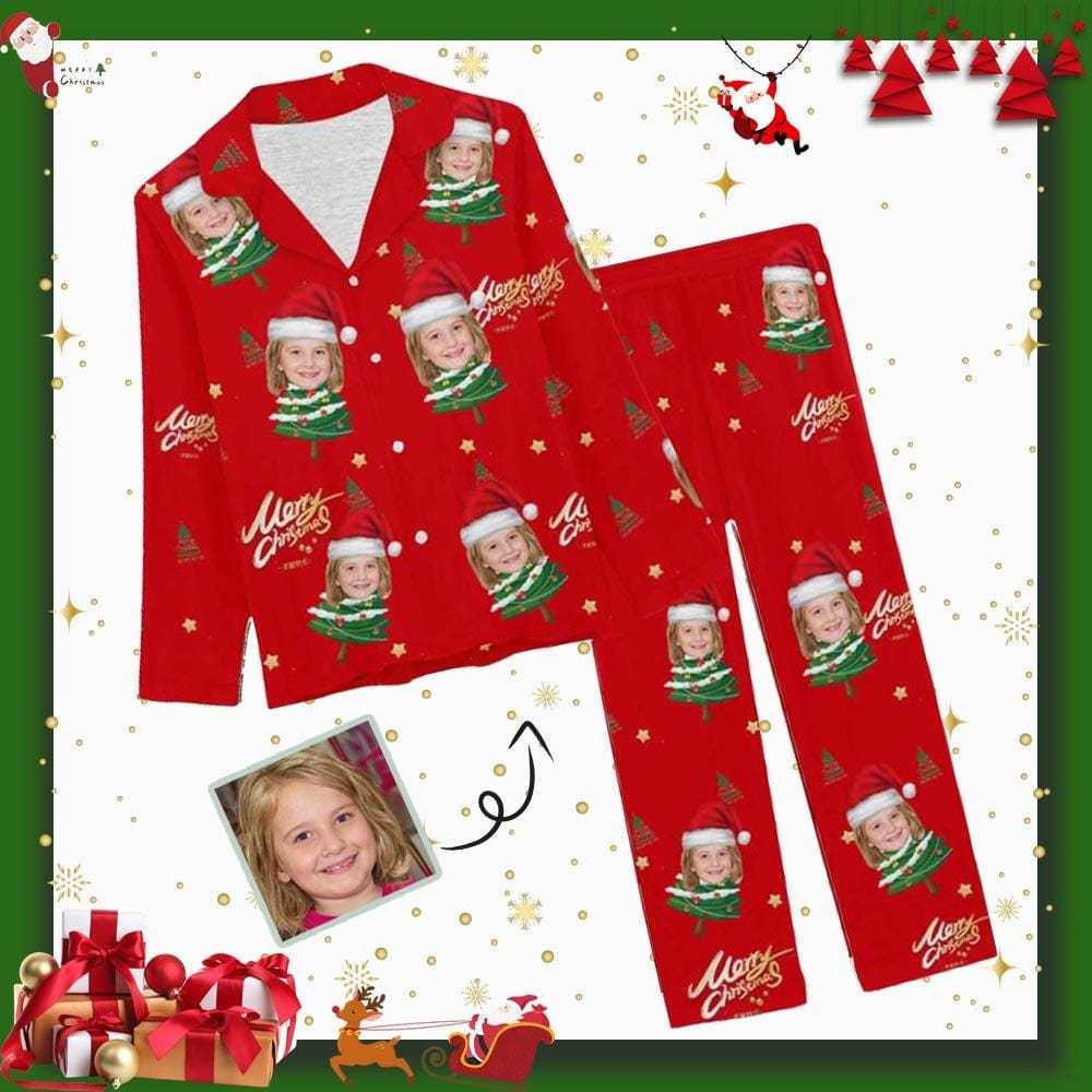 FacePajamas Pajama Custom Face Pajamas Christmas Tree Small Red Hat Sleepwear Personalized Women's Slumber Party Long Pajama Set