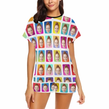 FacePajamas Pajama Custom Face Pajamas Colorful Lattice Sleepwear For Her Personalized Women's Short Pajama Set