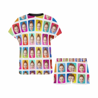 FacePajamas Pajama Custom Face Pajamas Colorful Lattice Sleepwear For Her Personalized Women's Short Pajama Set