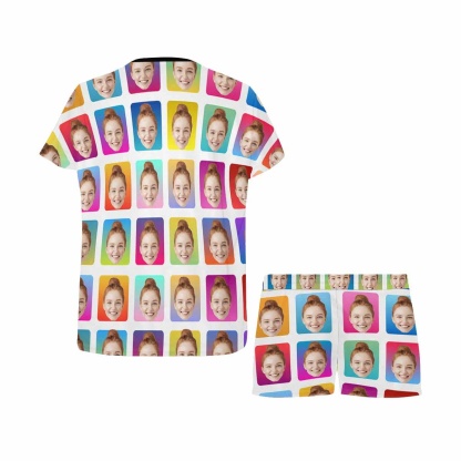 FacePajamas Pajama Custom Face Pajamas Colorful Lattice Sleepwear For Her Personalized Women's Short Pajama Set