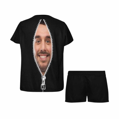 FacePajamas Pajama Custom Face Pajamas for Women Black Zipper Sleepwear Personalized Women's Short Pajama Set