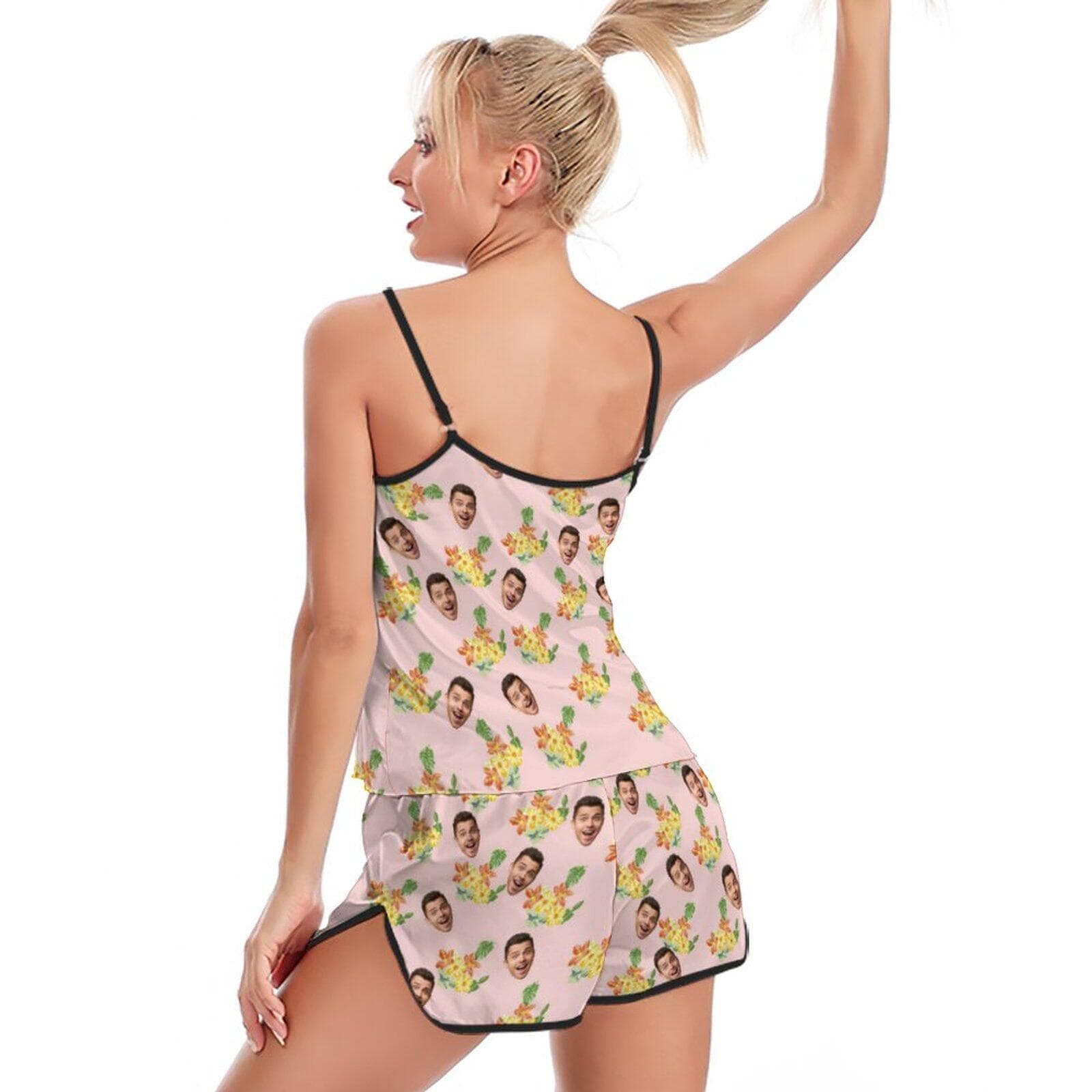 FacePajamas Pajama Custom Face Pajamas for Women Pink floral Print Sleepwear Personalized Women's Sexy Cami Pajamas Set