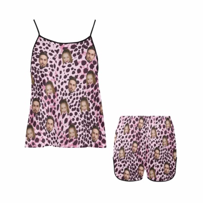 FacePajamas Custom Face Pajamas for Women Pink Leopard Print Sleepwear Personalized Women's Sexy Cami Pajamas Set