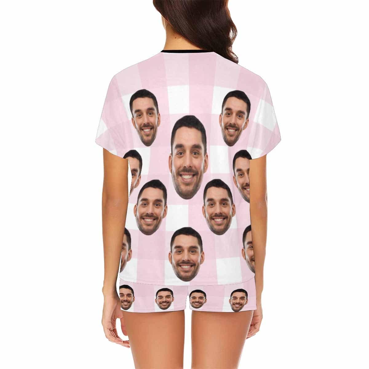 FacePajamas Pajama Custom Face Pajamas for Women Pink&White Grid Loungewear Personalized Women's Short Pajama Set