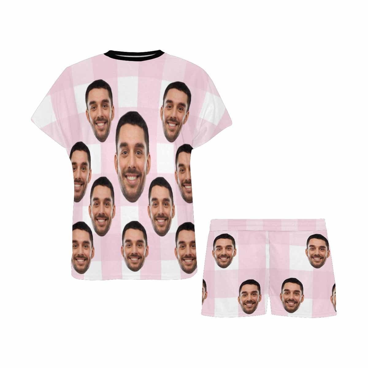FacePajamas Pajama Custom Face Pajamas for Women Pink&White Grid Loungewear Personalized Women's Short Pajama Set