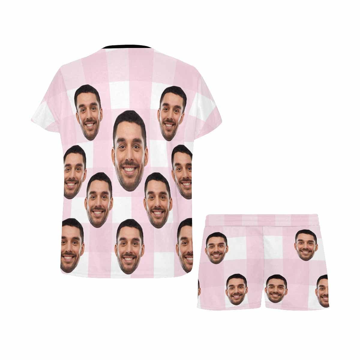 FacePajamas Pajama Custom Face Pajamas for Women Pink&White Grid Loungewear Personalized Women's Short Pajama Set