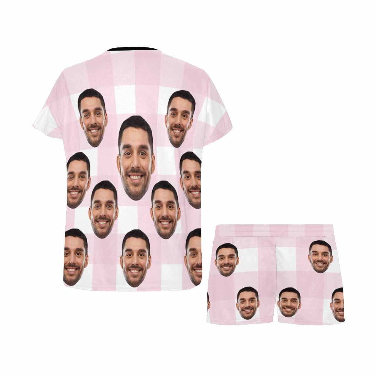 FacePajamas Pajama Custom Face Pajamas for Women Pink&White Grid Loungewear Personalized Women's Short Pajama Set