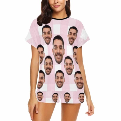 FacePajamas Pajama Custom Face Pajamas for Women Pink&White Grid Loungewear Personalized Women's Short Pajama Set